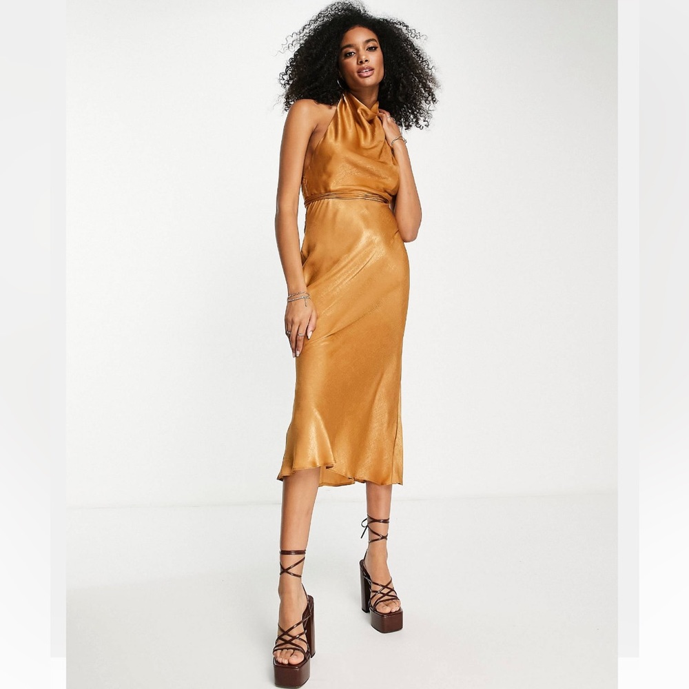 ASOS cowl neck sleeveless open back satin midi dress with tie waist